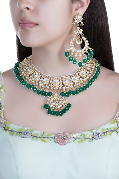 Gold Finish Kundan & Green Bead Necklace Set