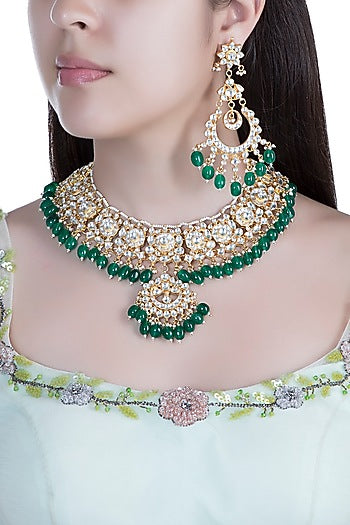 Gold Finish Kundan & Green Bead Necklace Set