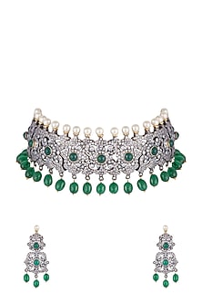 Black Rhodium Faux Diamond, Pearl & Green Stone Necklace Set