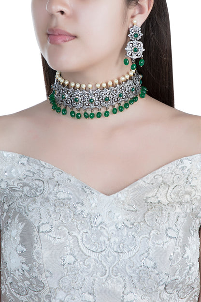 Black Rhodium Faux Diamond, Pearl & Green Stone Necklace Set