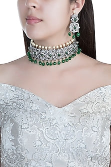Black Rhodium Faux Diamond, Pearl & Green Stone Necklace Set