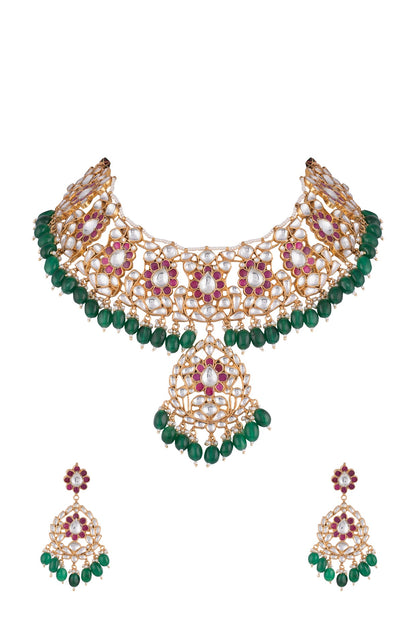 Gold Finish Faux Pearl, Kundan & Stone Necklace Set