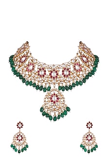 Gold Finish Faux Pearl, Kundan & Stone Necklace Set