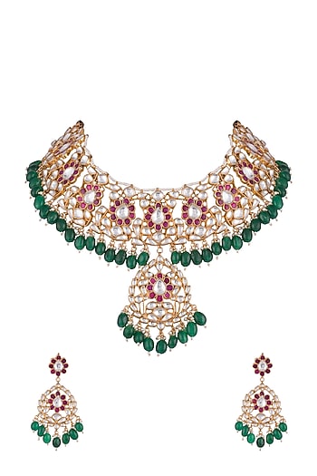 Gold Finish Faux Pearl, Kundan & Stone Necklace Set