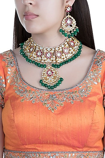 Gold Finish Faux Pearl, Kundan & Stone Necklace Set