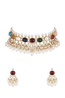 Gold Finish Multi Colored Stones Necklace Set
