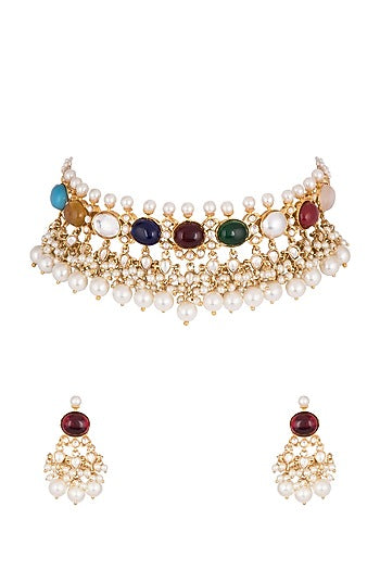 Gold Finish Multi Colored Stones Necklace Set