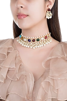 Gold Finish Multi Colored Stones Necklace Set