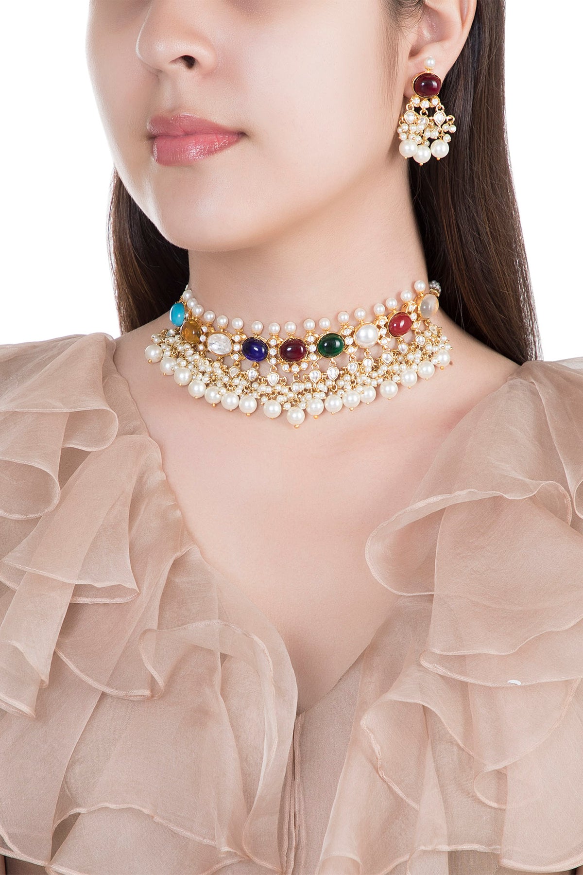 Gold Finish Multi Colored Stones Necklace Set