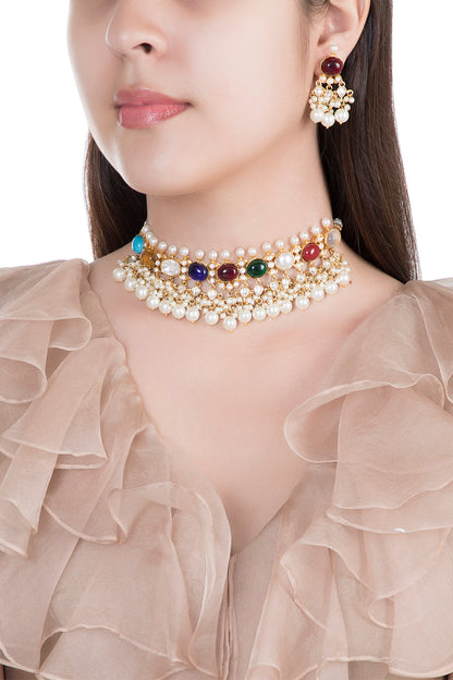 Gold Finish Multi Colored Stones Necklace Set