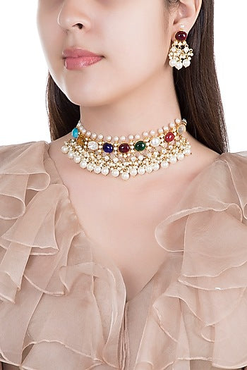 Gold Finish Multi Colored Stones Necklace Set