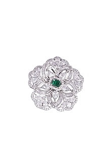 White Finish Faux Diamonds & Green Stone Ring