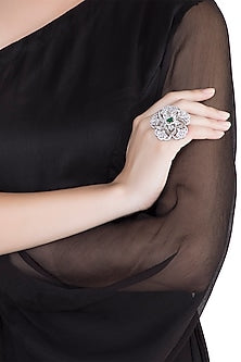 White Finish Faux Diamonds & Green Stone Ring