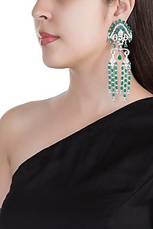 White Finish Faux Diamonds & Green Stones Dangler Earrings