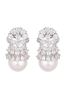 White Finish Faux Diamonds & Pearls Earrings