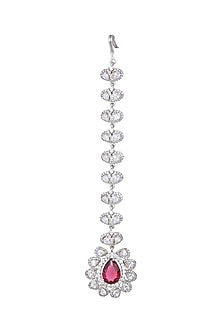 White Finish Faux Diamond & Red Stone Maang Tikka