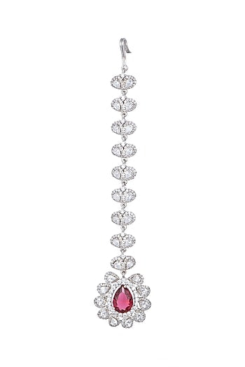 White Finish Faux Diamond & Red Stone Maang Tikka