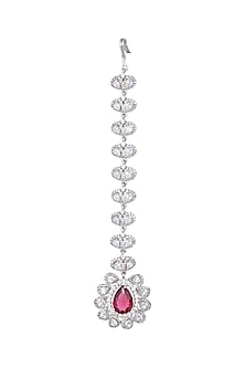 White Finish Faux Diamond & Red Stone Maang Tikka