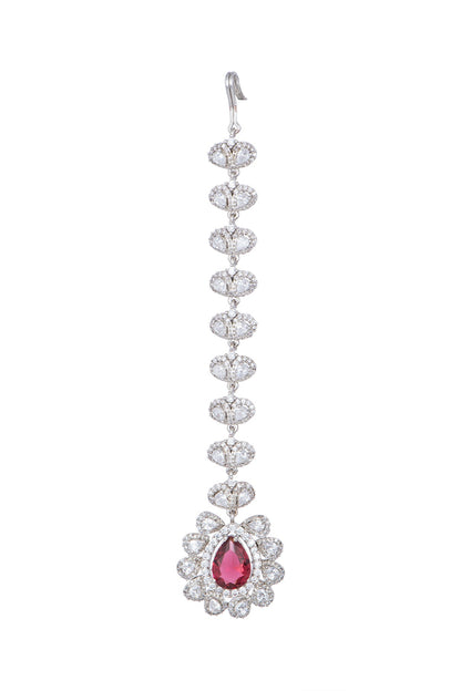 White Finish Faux Diamond & Red Stone Maang Tikka