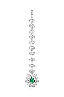 White Finish Faux Diamond & Green Stone Maang Tikka