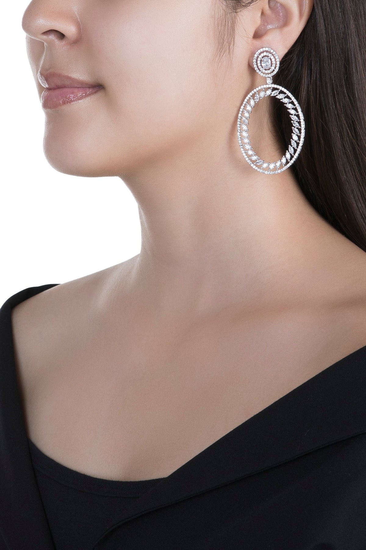 White Finish Faux Diamond Long Earrings