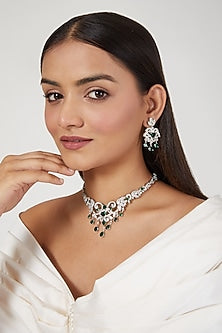 White Finish Green Synthetic Stone & Zircon Necklace Set