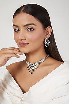White Finish Green Synthetic Stone & Zircon Necklace Set
