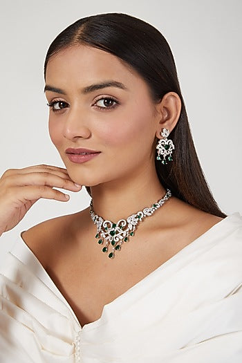 White Finish Green Synthetic Stone & Zircon Necklace Set