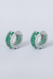 White Finish Green Diamond Hoop Earrings