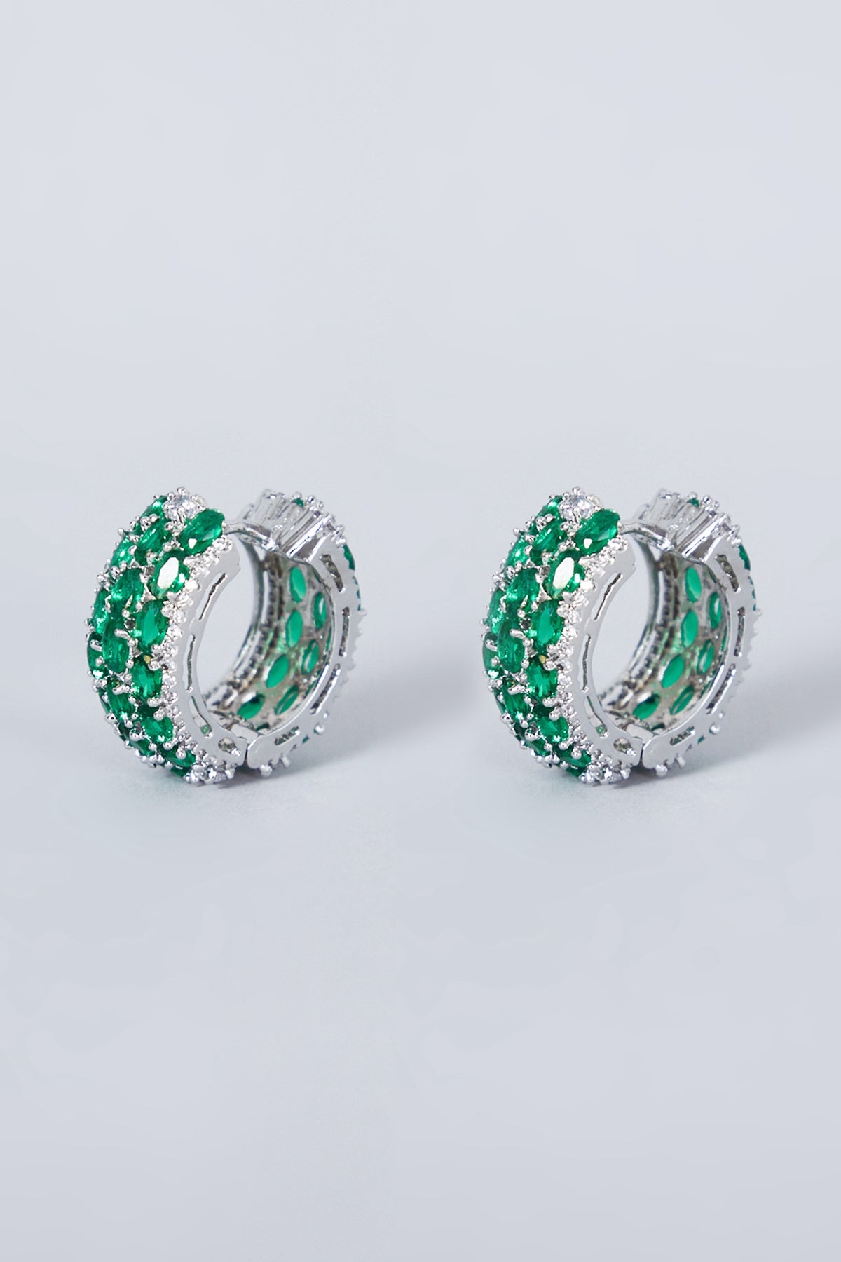 White Finish Green Diamond Hoop Earrings