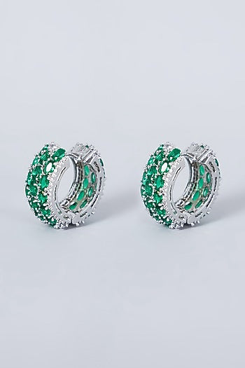 White Finish Green Diamond Hoop Earrings