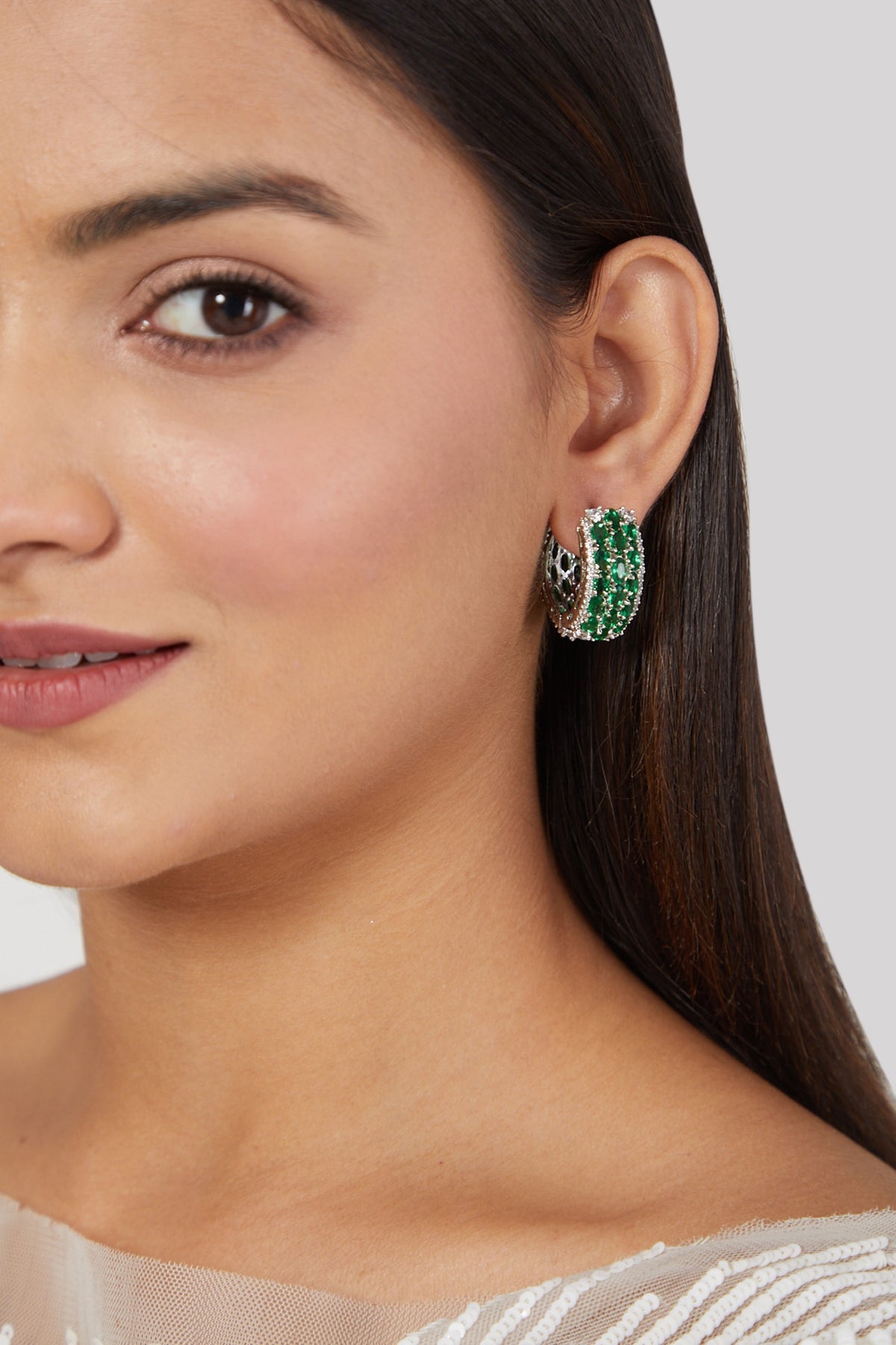 White Finish Green Diamond Hoop Earrings