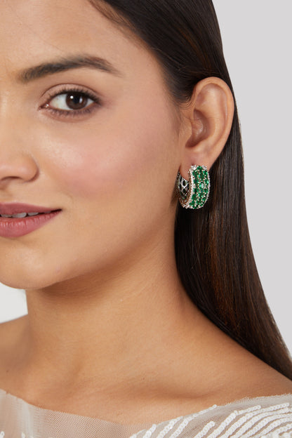 White Finish Green Diamond Hoop Earrings