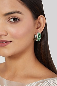 White Finish Green Diamond Hoop Earrings