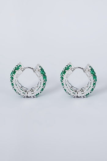 White Finish Green Diamond Hoop Earrings