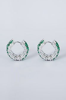White Finish Green Diamond Hoop Earrings