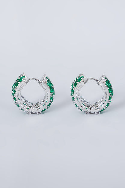 White Finish Green Diamond Hoop Earrings