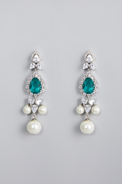 White Finish Pearl & Emerald Dangler Earrings