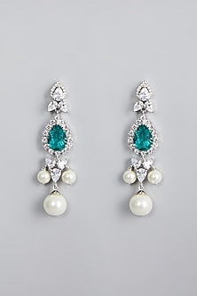 White Finish Pearl & Emerald Dangler Earrings