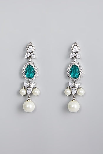 White Finish Pearl & Emerald Dangler Earrings