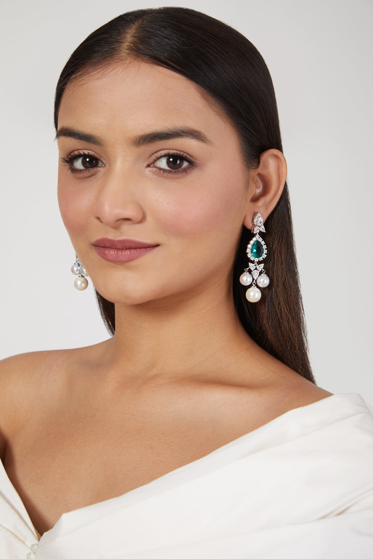 White Finish Pearl & Emerald Dangler Earrings