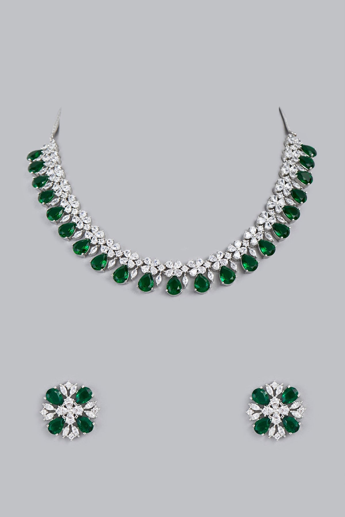 White Finish Zircon & Green Stone Necklace Set
