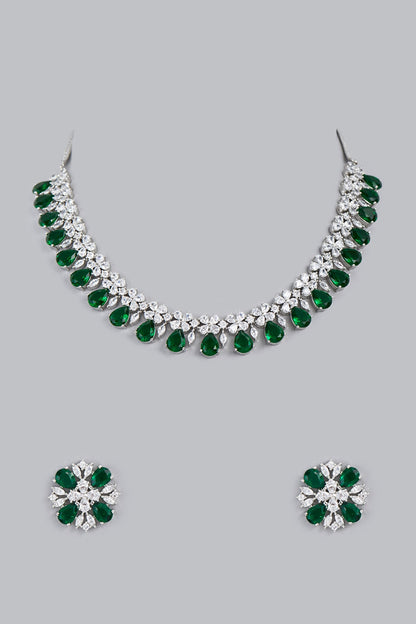 White Finish Zircon & Green Stone Necklace Set