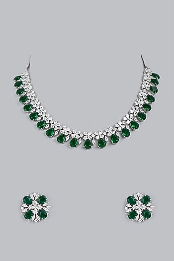 White Finish Zircon & Green Stone Necklace Set