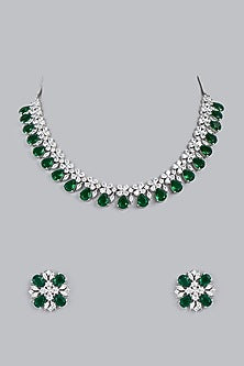 White Finish Zircon & Green Stone Necklace Set