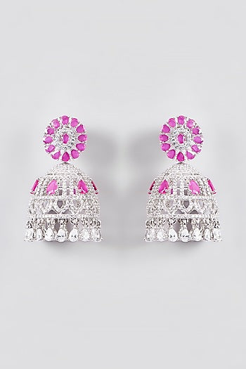 White Finish Zircon & Synthetic Ruby Stone Jhumka Earrings