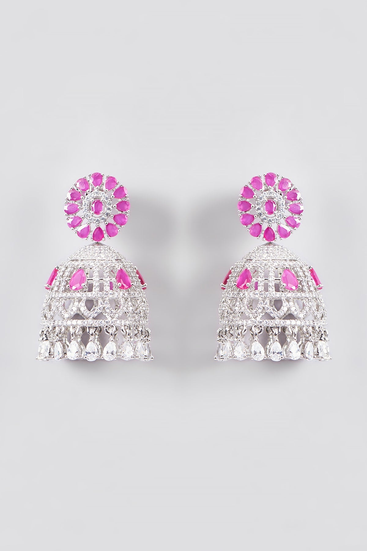 White Finish Zircon & Synthetic Ruby Stone Jhumka Earrings