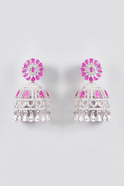 White Finish Zircon & Synthetic Ruby Stone Jhumka Earrings