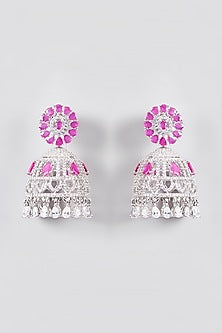 White Finish Zircon & Synthetic Ruby Stone Jhumka Earrings
