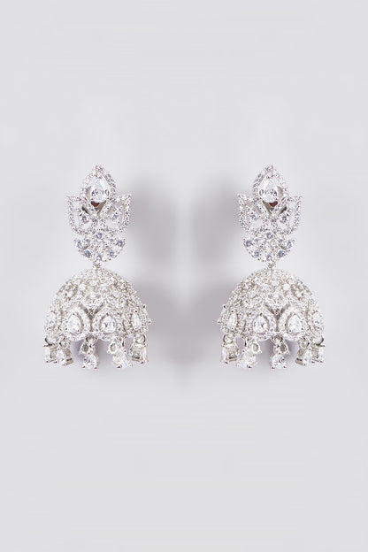 White Finish Zircon Jhumka Earrings